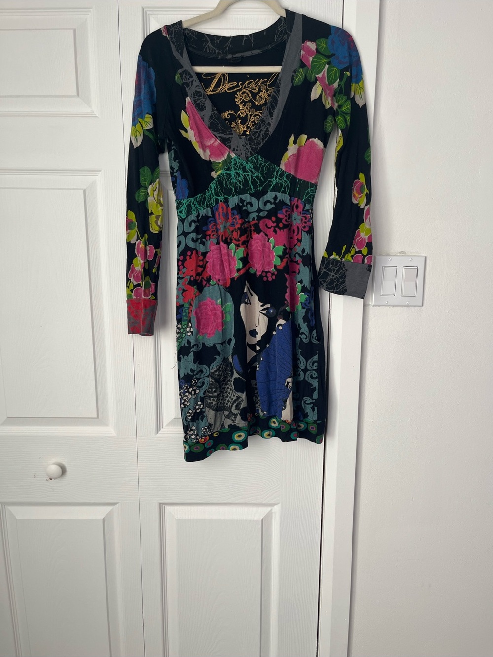 Desigual Black Floral Long-Sleeve V-Neck Dress with Pink & Green Accents